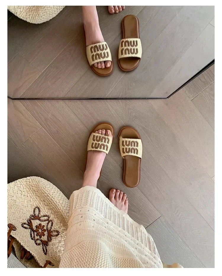Vintage Woven Women's Sandals Fashion Letter Woven Flat Slippers