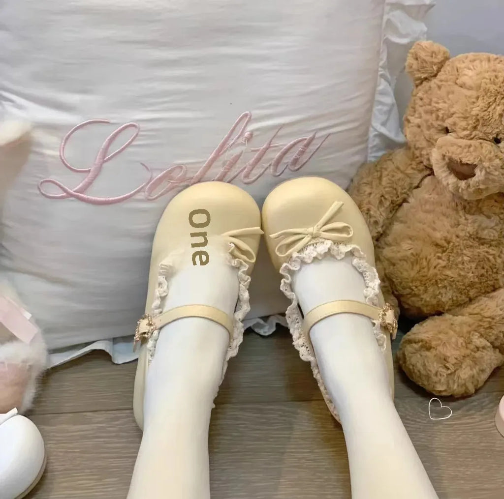 Original Lolita Flat Shoes with Butterfly Knot Soft Bottom Round Head Single Lined Women's High Heel