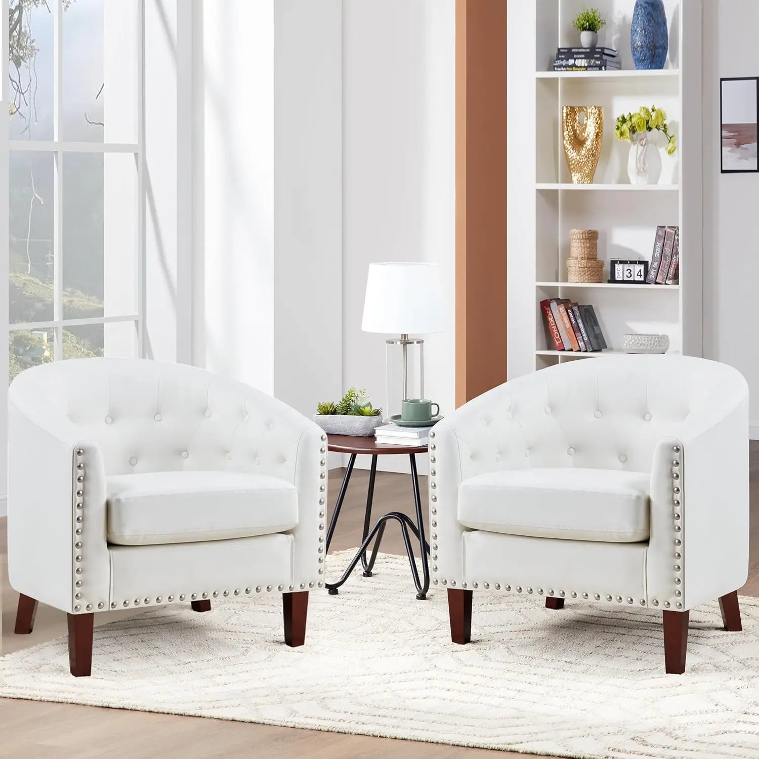 Comfy Accent Barrel Chairs Set of 2, Faux Leather Club Armchair