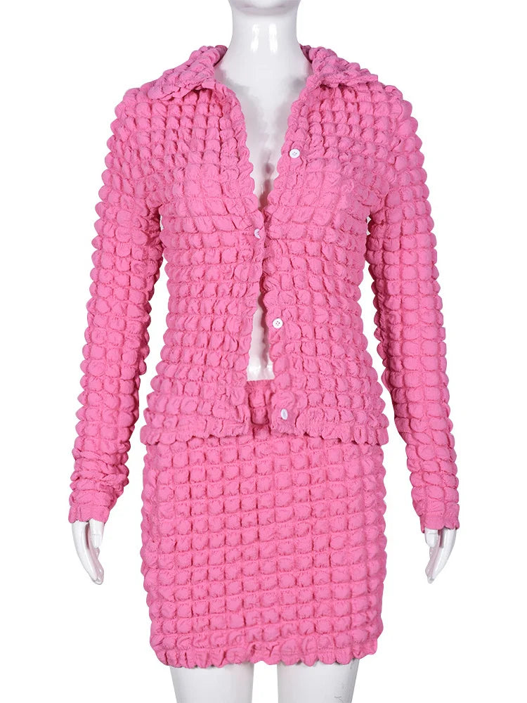 Cute 2 Two Piece Set Women Skirt Long Sleeve Button Top+Mini Skirt