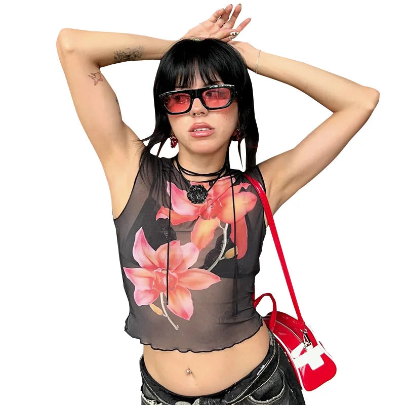 Floral Print Fitted Tops Women Resort Wear Graphic Tees Summer Casual One Shoulder Slash Backless Tank Top