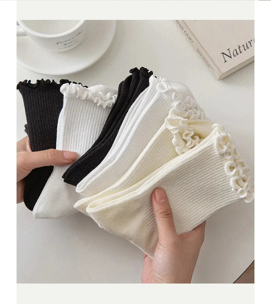 Pairs Lot Socks for Women Ruffle Middle Tube Ankle Short Breathable Black White Set Spring Autumn
