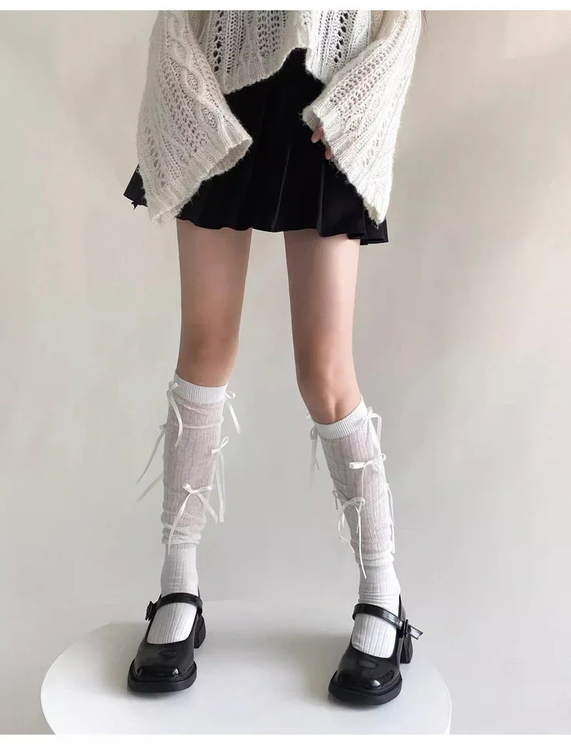 Sweet Lolita Style Stockings Students Fashion Basic Bowknot Knee-high Socks Cotton Fabric Women Mid-calf Sock
