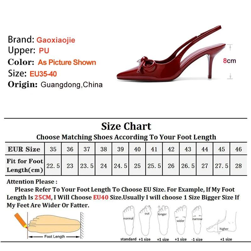 Sexy Women's Red Bow Pointed Toe Patent Leather Back Strap Stiletto Shoes