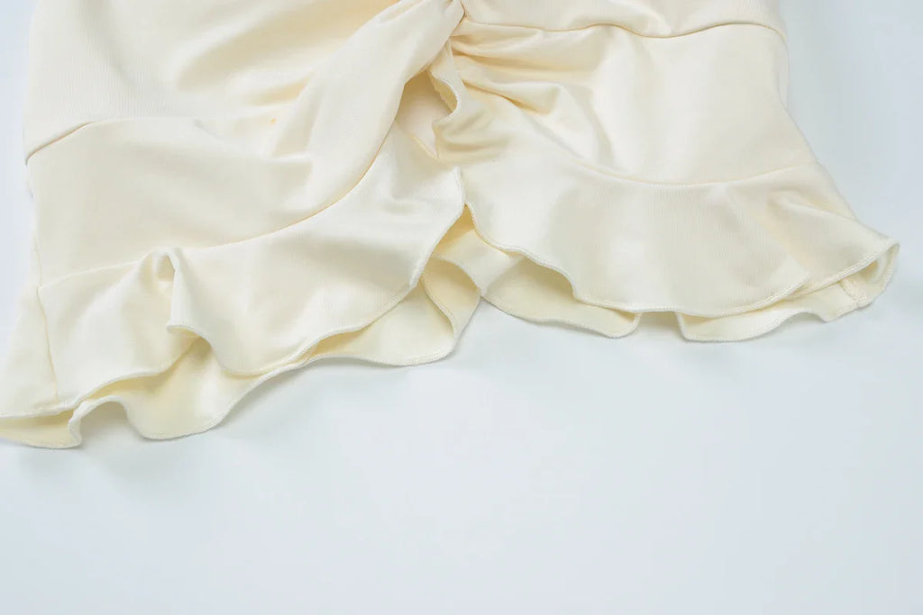 Sexy Elegant Ruched 2 Piece Skirt Set Lace Up Ruffles Patchwork Crop Top Tiered Maxi Skirt Matching Set