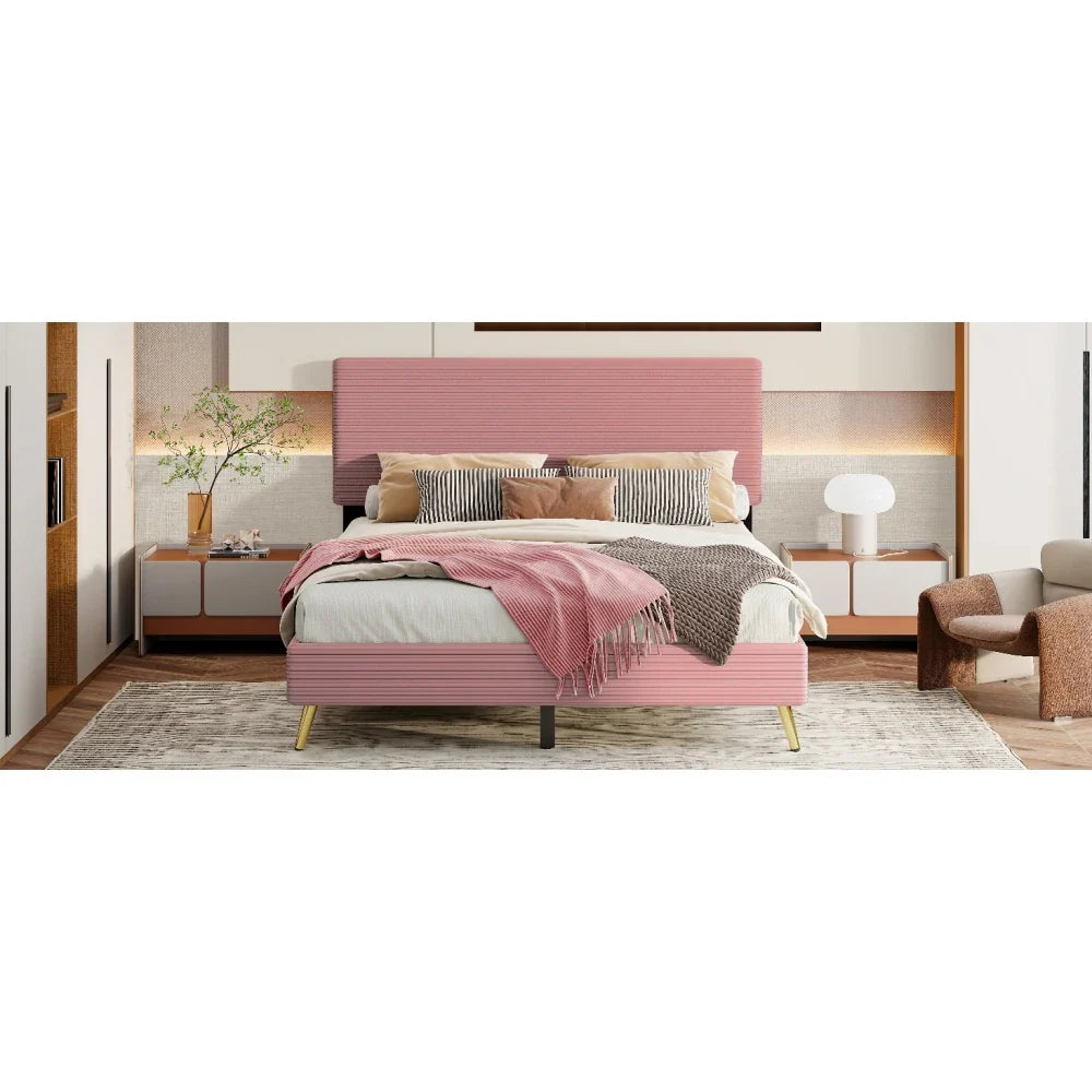 Pink 2 Pieces Bedroom Sets Queen Size Upholstered Bed Frame, Modern Corduroy Storage Ottoman
