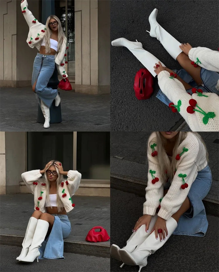 Knitted Cherry Sweaters Cardigan Long Sleeve Top Christmas Sweet Fairy Grunge Sweater Streetwear