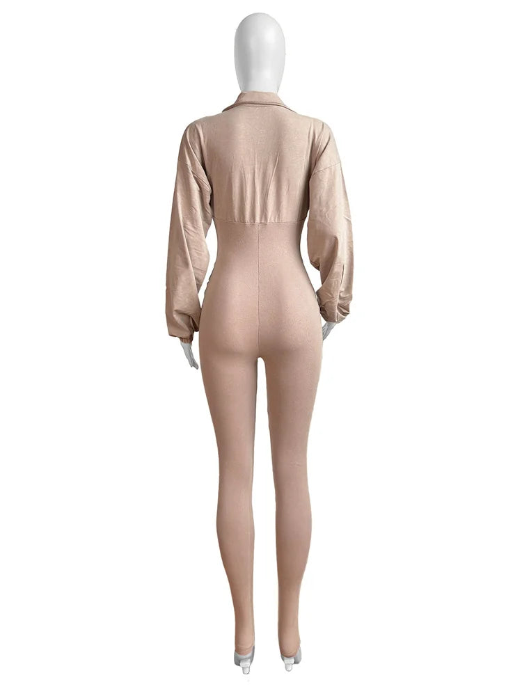 Washed Distressed Jumpsuit Women Ribbed V-Neck Solid SKinny Long Sleeve