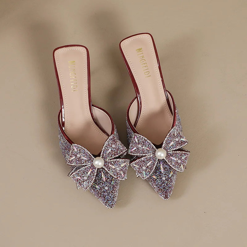 Ladies Glitter Low Butterfly-Knot Slippers Casual Jelly Thin Pointed Luxury Fashion Kitten Heels
