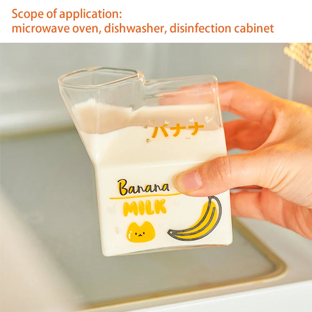 Square Glass Cup Heat Resistant Cute Cartoon Cup Kawaii Milk Juice Mug Bottle Box 380ml