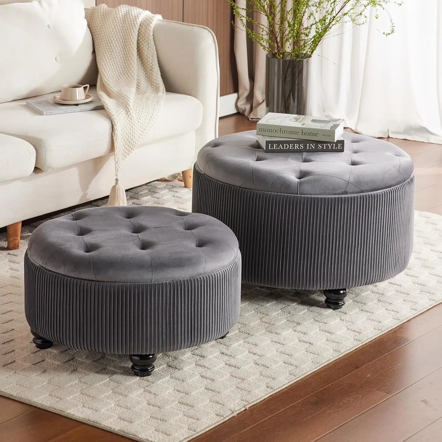 Round Ottoman with Storage Set of 2 Upholstered Velvet Vanity Stool for Living Room Ottomans Multifunctional Foot Rest