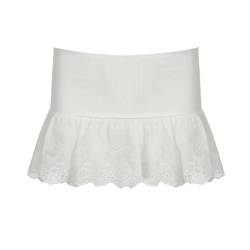 White Lace Pleated Skirt with Shorts Cute Coquette Low Rise Patchwork Super-short Mini Skirt