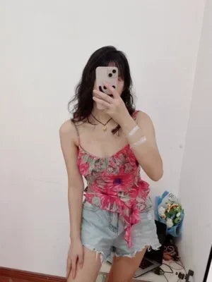 Girls Sweet Ruffles Mesh Camisole Top Lady Camis Sleeveless Printed Floral T shirts Stretch Slim Tanks For Slim Women