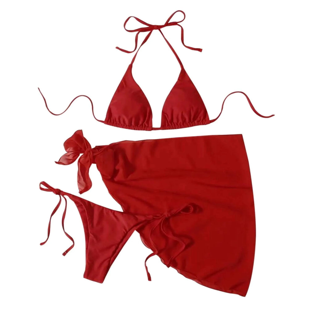 Women Push Up Bikinis Set 3 Piece Mesh Skirts Kontted Bathing Suit Beachwear