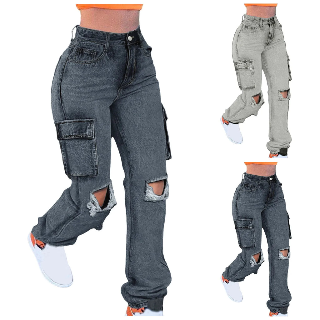 Women's Washed Baggy Pocket Cargo Straight Trousers Jeans Ladies Streetwear