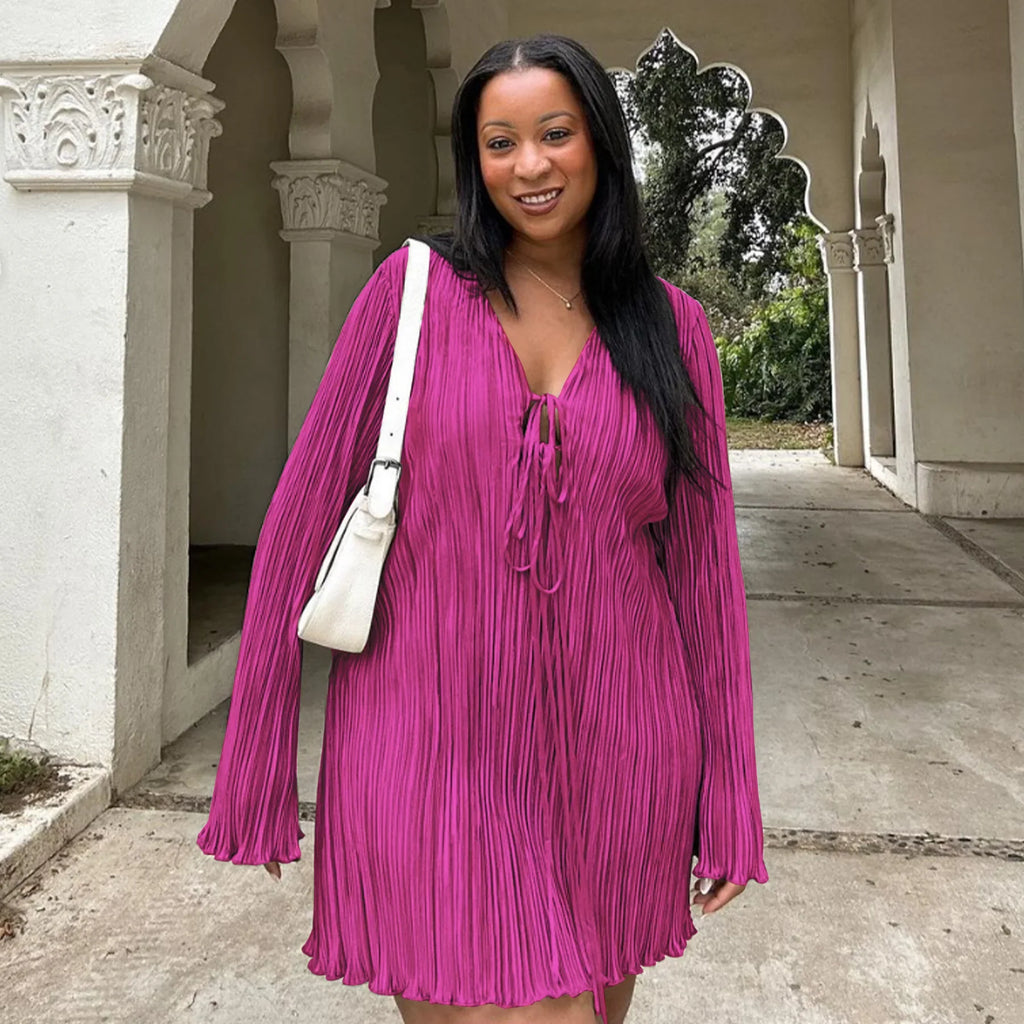 Long Sleeve Women V-neck Pleated Dress Casual Streetwear Plus Size Mini Dresses Party Casual