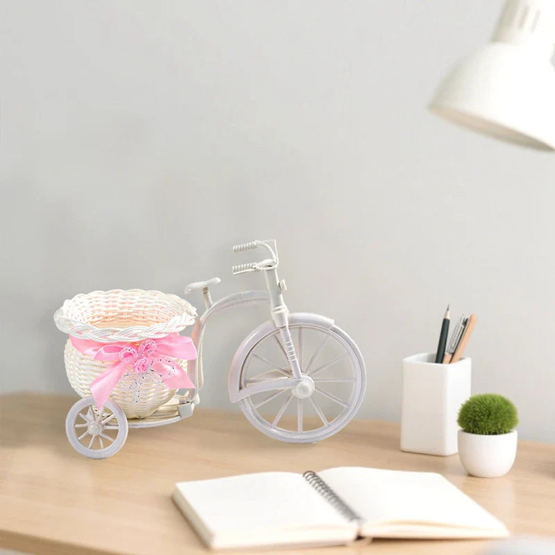 Plastic Flower Basket Vase Pink Tricycle Bicycle Model Home Garden Wedding Party Decor Romantic Cute Decor Figurines Miniatures