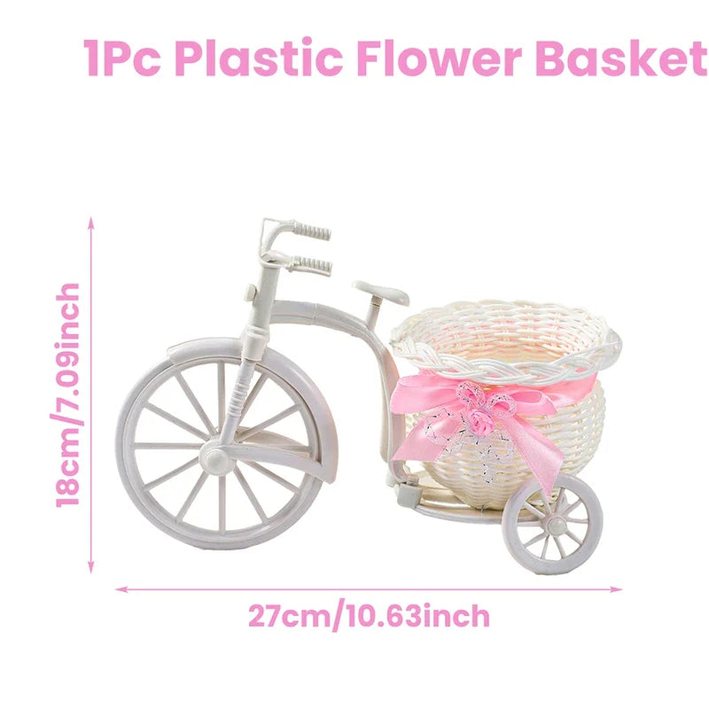 Plastic Flower Basket Vase Pink Tricycle Bicycle Model Home Garden Wedding Party Decor Romantic Cute Decor Figurines Miniatures