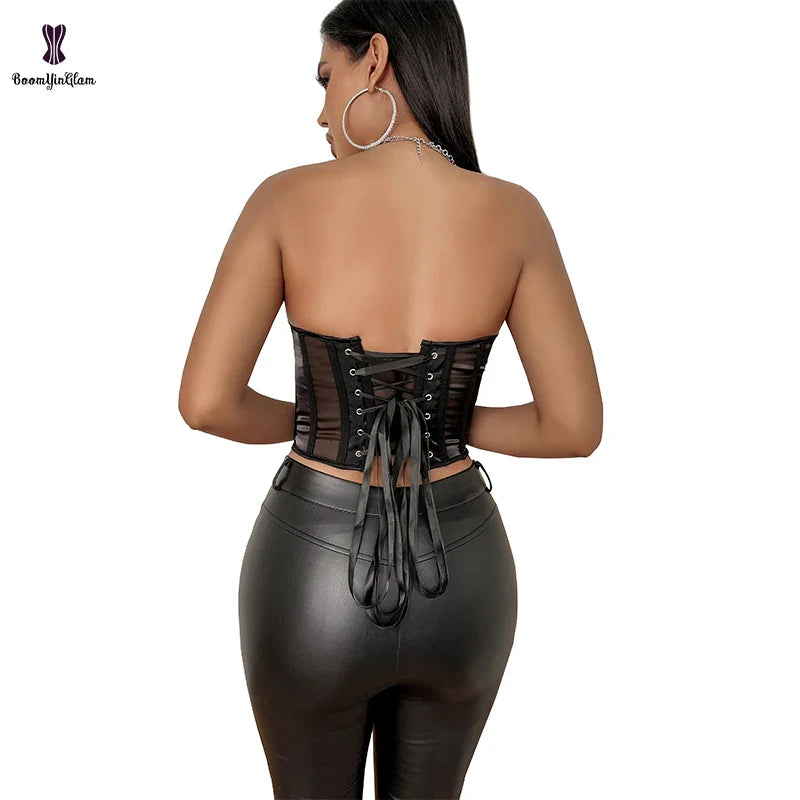 Summer Translucent Corset Women's Mesh Crop Top Black Padded Bra Bustier