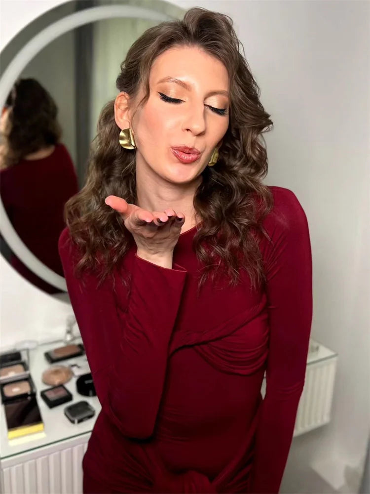 Female Pleated Sexy Maxi Dress Patchwork Twist Slim Long Sleeve Solid Women's Bodycon Dress