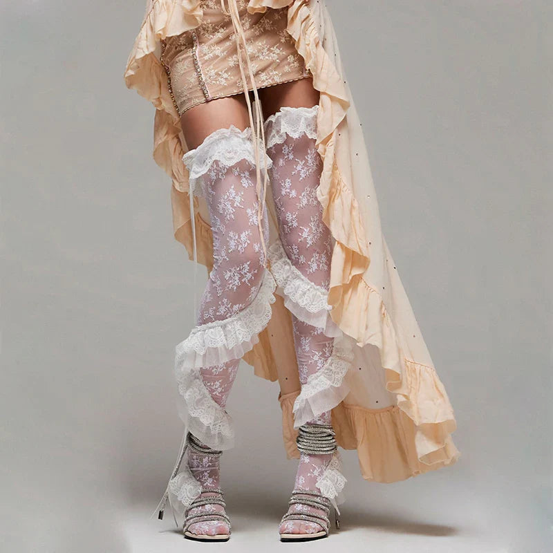 Women's Vintage Floral Lace See-through Thigh High Socks Coquette Sheer Ruffled Stockings