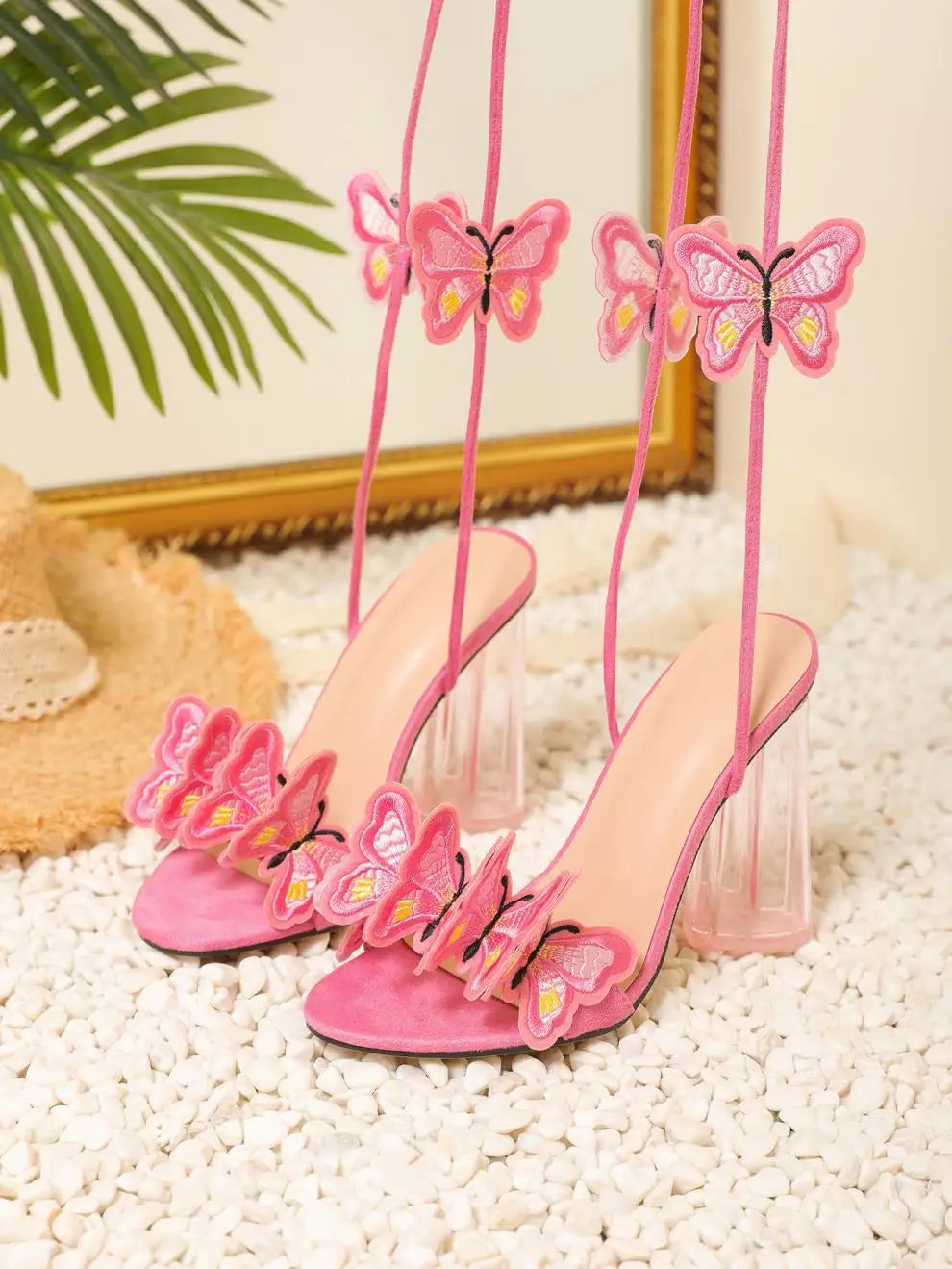 Pink Crystal High Heels Embroidered Butterfly Lace-up Sandals