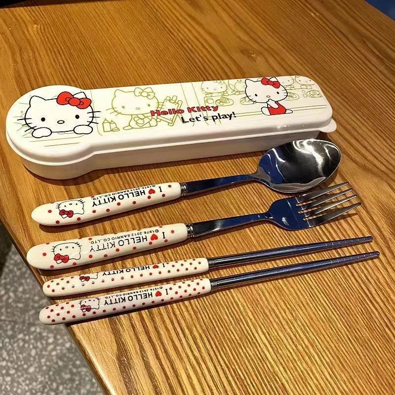 Sanrio Hello Kitty Kitchen Tableware Stainless Steel Chopsticks Spoon Fork Portable Dinnerware Set