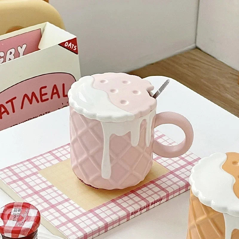 Kawaii Biscuit Pattern With Lid And Spoon Ceramic Cups Cute Cup Drinkware