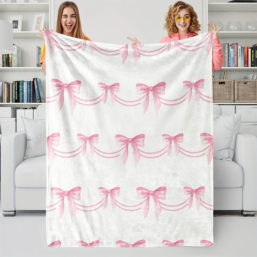 Pink Bow Blanket, Flannel Decorative Blanket, Bedding Accessories, Soft Cozy Warm Blanket