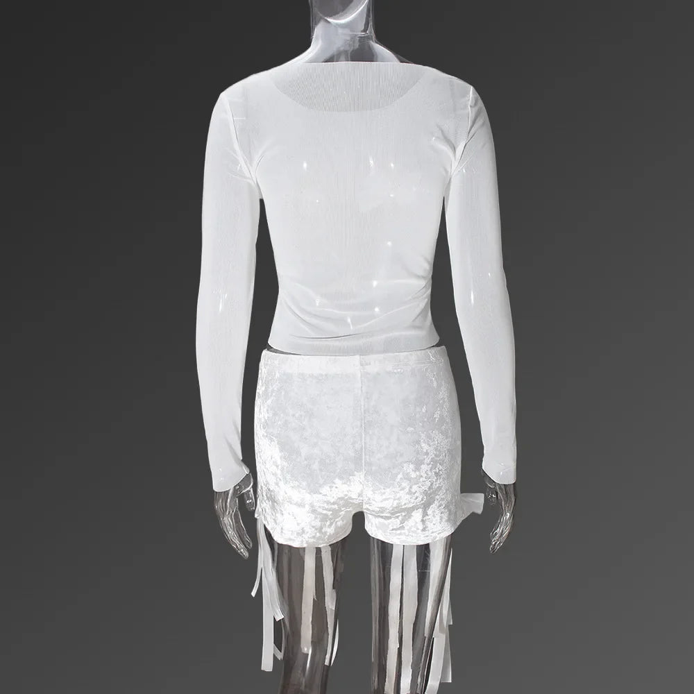 Women's Set Bow O-Neck Mesh Long Sleeve Tops + Velvet Shorts Sexy Two 2 Piece Outfit