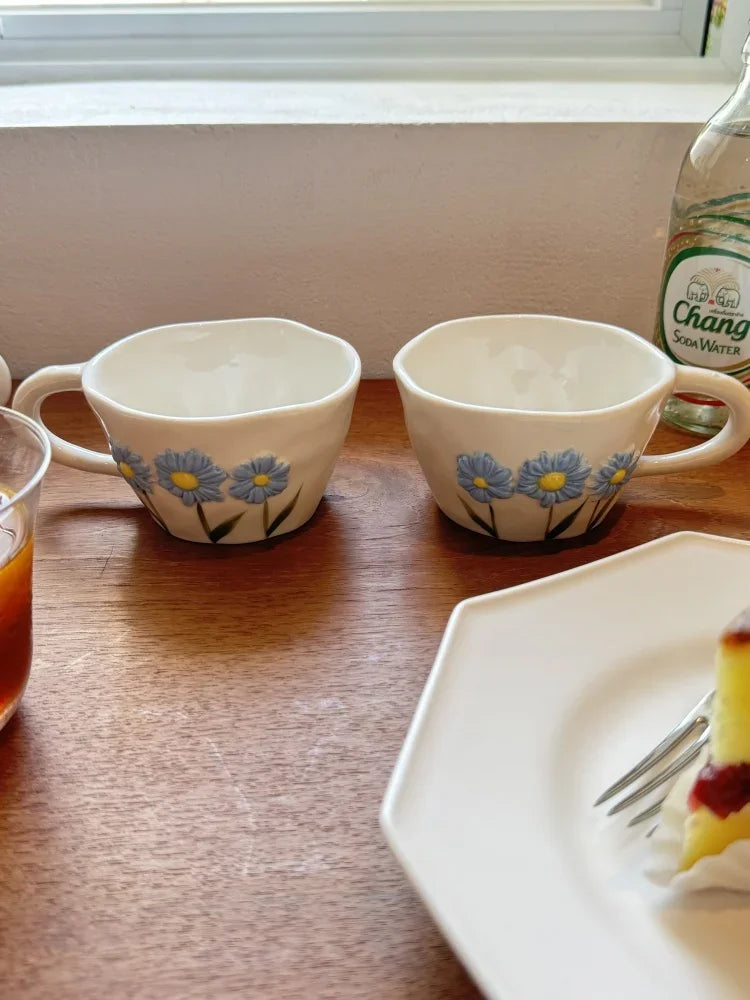 Hand Pinched Irregular Ceramic Hand-drawn Daisy Milk Tea Cup Pink Bow