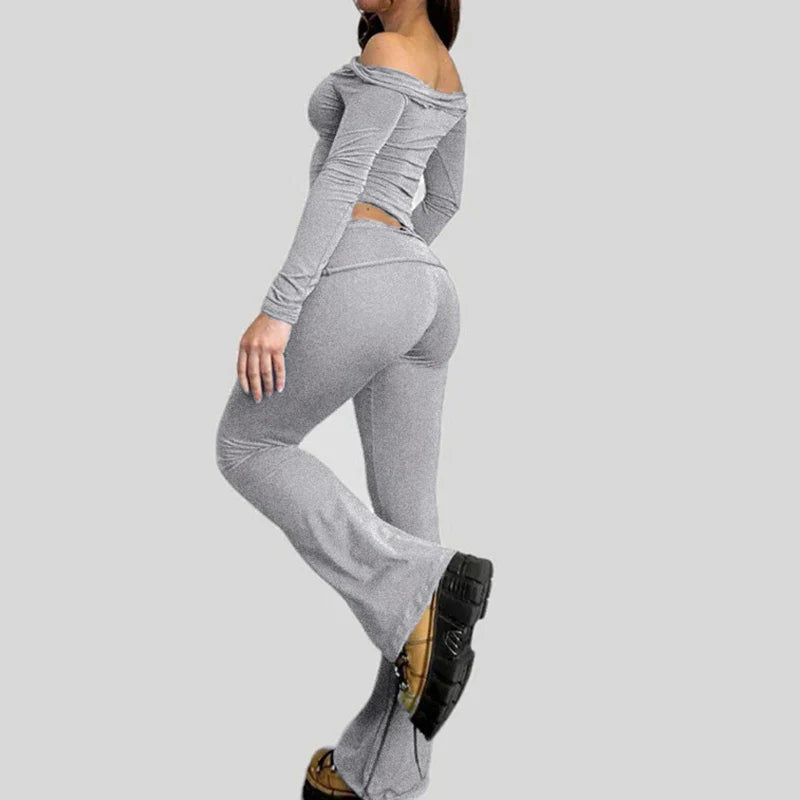 Slash Neck Top and Casual Pants Sets Women's Two Pieces Of Outfits Streetwear Solid Fashion Y2K Basic Slim Clothes