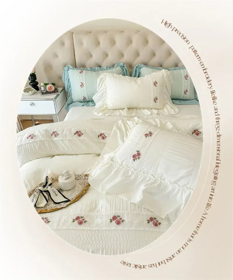 French Embroidered Lace Bubble Gauze Bedding Set Elegant Princess Style Duvet Cover Set Ruffled Comforter Cover Sets