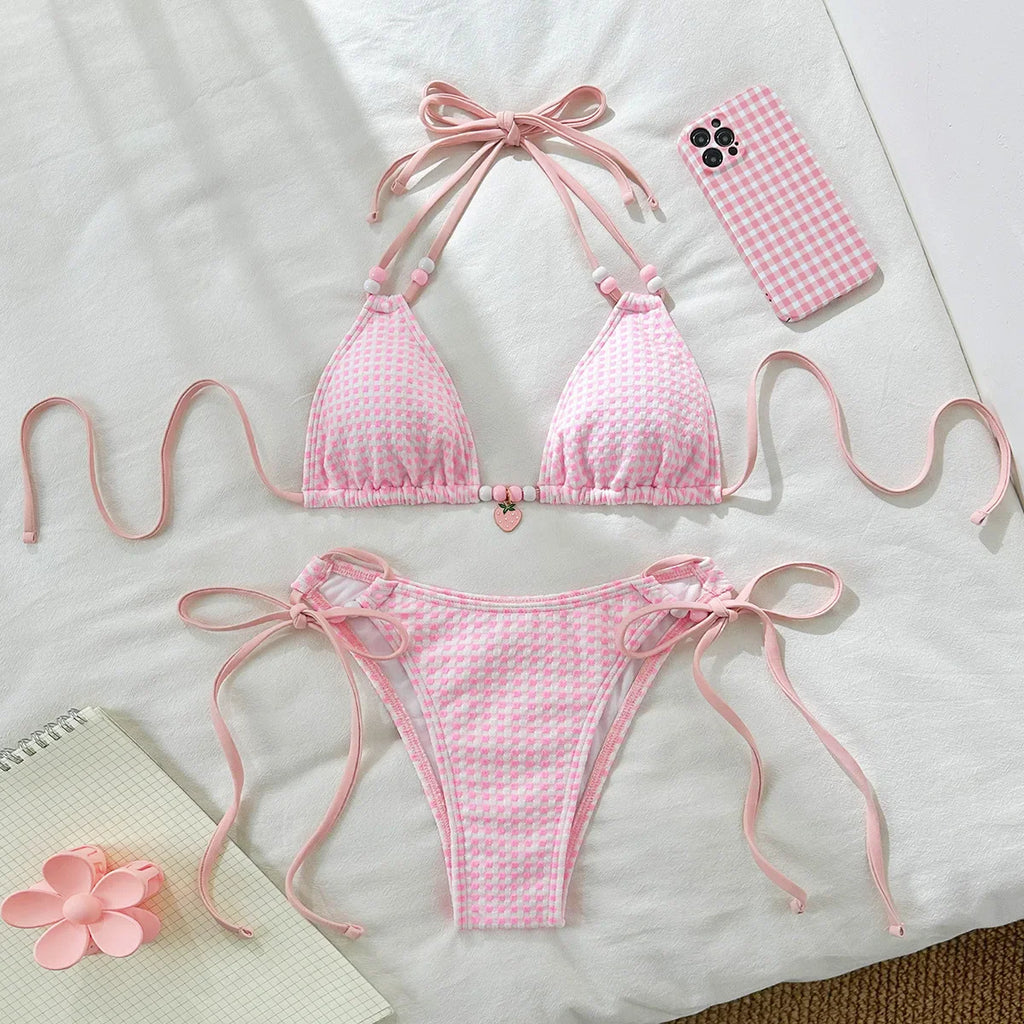 Sexy Pink Plaid Bikinis Sets Women Bead String Strap Push Up Drawstring Side Thong Swimsuit