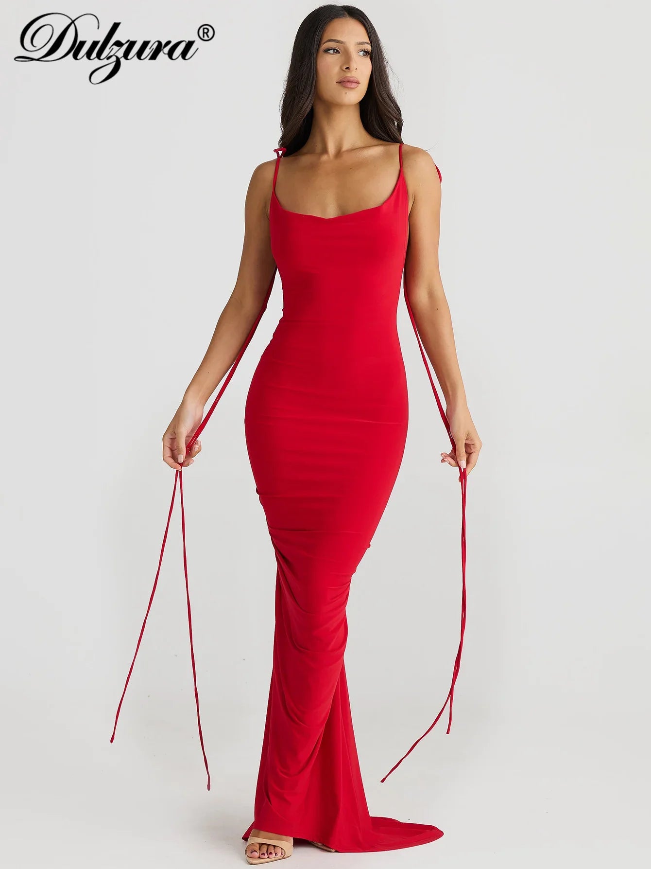 Sexy Backless Maxi Dress Women Spaghetti Strap Lace Up Solid