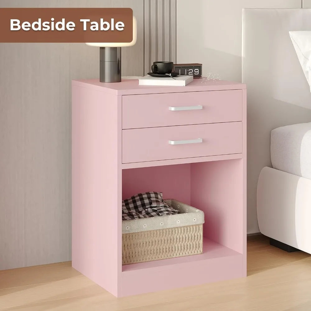 Night Stand Set 2, Pink Nightstand with Charging Station & Drawers, Night Stands for Bedrooms Set of 2, Bedside Table with Drawers