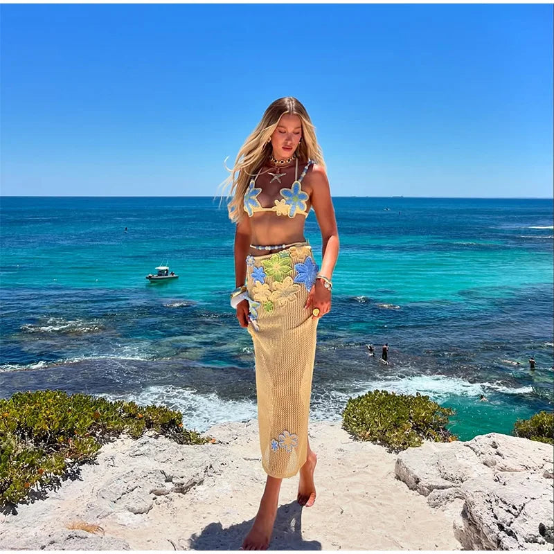 Sexy Beach Women's Set Beading Flower Crochet Crop Top Slim Maxi Skirt Female Suit Summer Hollow Out Knit Lady Dress Sets
