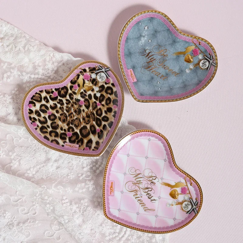Pink Heart Shaped Dining Plate, Breakfast Tray, Ceramic Lace, Leopard Pattern Tableware, Afternoon Tea Salad Dessert