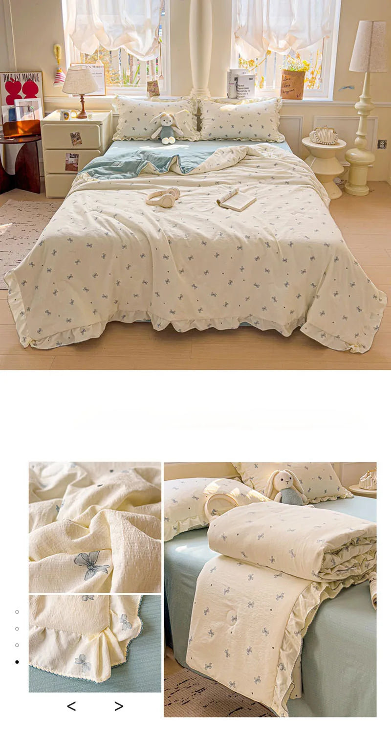 Korean Quilt with Lace and Ruffle Pure Cotton Patchwork Comforter for Summer Skin-Friendly Breathable Cooling Blanket for Home