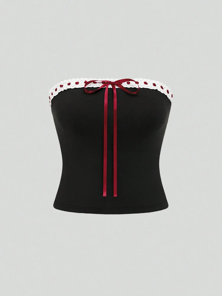 Plus size Women's Elegant tie with Bow Tie Tops Y2K Suit Breastplain Solid Colour Slim Sexy Polyester T-Shirt