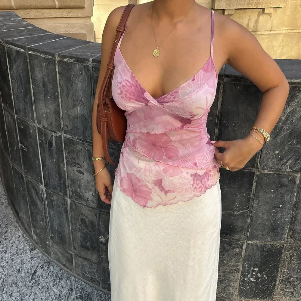 Women Summer Vintage Y2K Aesthetic Crop Tops Floral Print Boho Sleeveless Spaghetti Strap Mesh See Through Coquette Tanks Camis