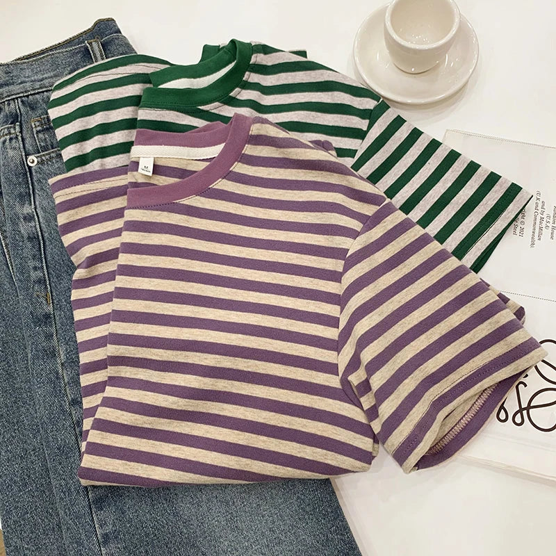 Summer Short Sleeve Striped T-Shirts Versatile Women Knitted Basic Casual Tops Female Cozy Loose Cotton Tees