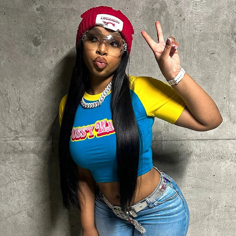 Letter Printed Color Clashing Round Neck Pullover Spice Girls Short Halter Short Sleeve T-Shirt Tops For Y2K Girls Wear