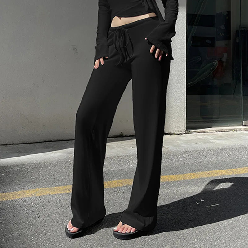 Fashion Drawstring High Waist Trousers Set Lace Up Flared Sleeve V Neck Twist Tops Plush Loose Pants Suit