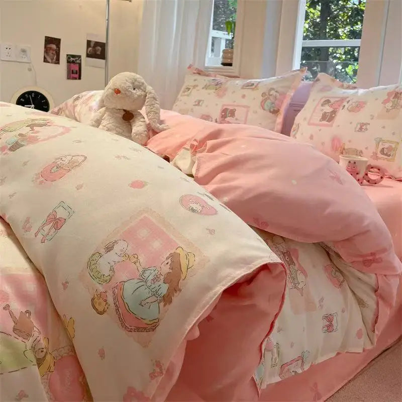 Cute Girls Bedding Sets Soft Flat Sheet Duvet Cover Pillowcase Polyester Bed Linen Twin Queen Full Size Quilt Cover Set