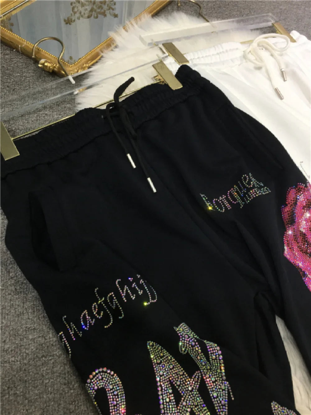 XL-4XL Plus Size Women's Pants Rhinestone Flower Big Size Sweatpants Casual Streetwear High Waisted Baggy Pants Woman