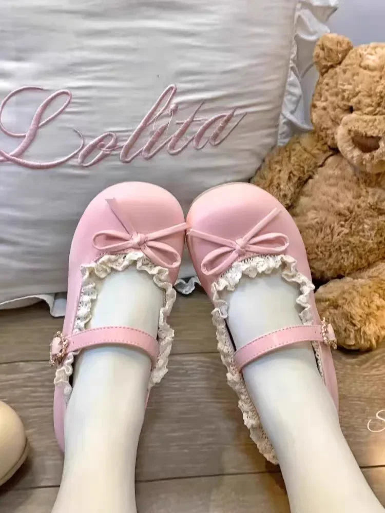 Original Lolita Flat Shoes with Butterfly Knot Soft Bottom Round Head Single Lined Women's High Heel