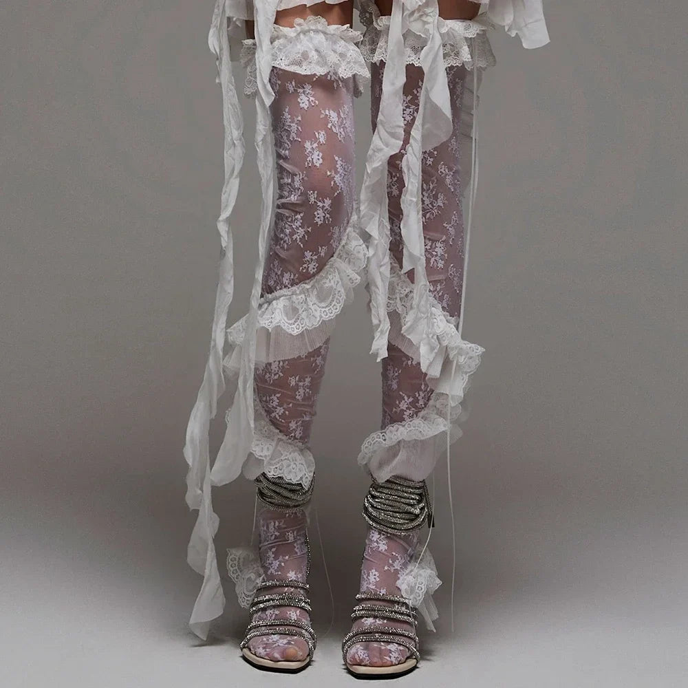 Women's Vintage Floral Lace See-through Thigh High Socks Coquette Sheer Ruffled Stockings