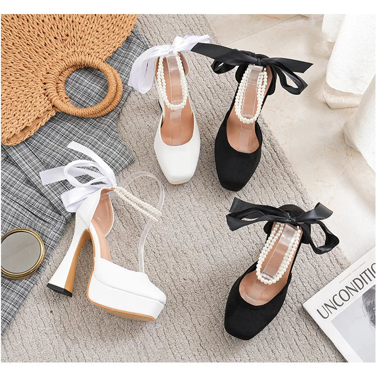 Fashion Super High Heels Sandals Bow Buckle Square Head Heels Ladies Shoes