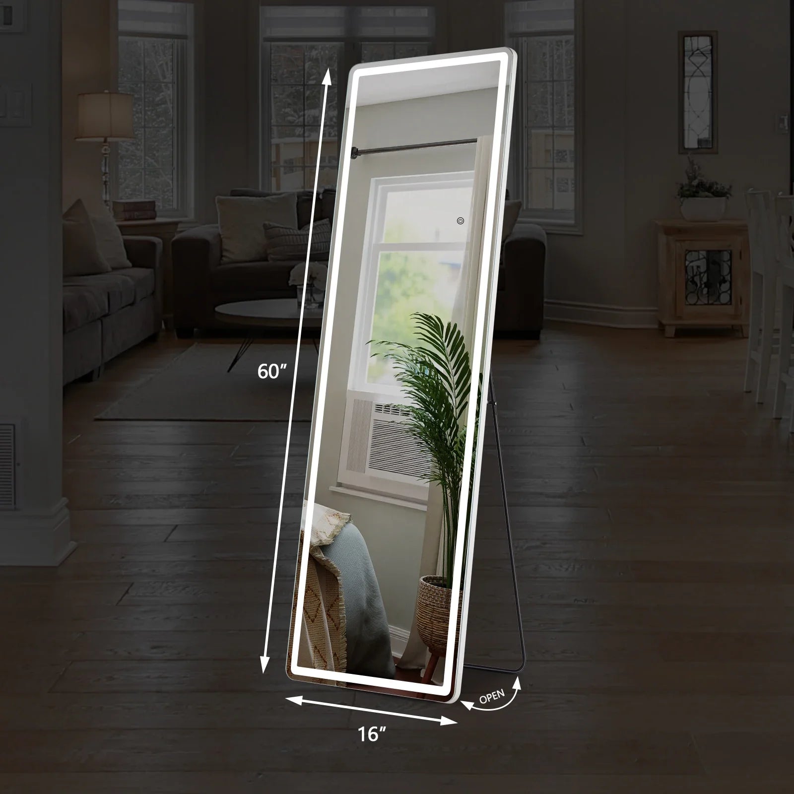 Led Dimming Full Length Mirror 3 Color Lighting Aluminum Alloy Frame Standing Hanging Floor Mirrors For Living Room  60"x16"